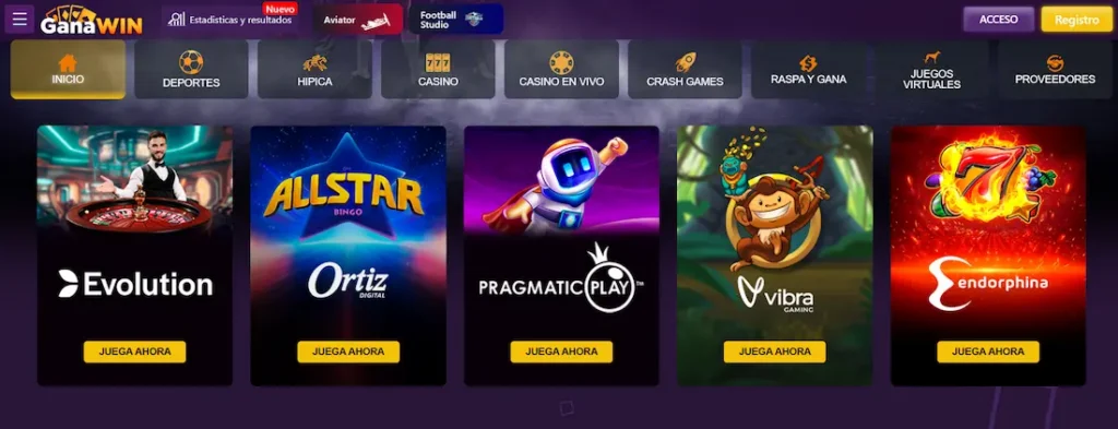 Interfaz de GanaWin con casino online, apuestas deportivas y acceso móvil